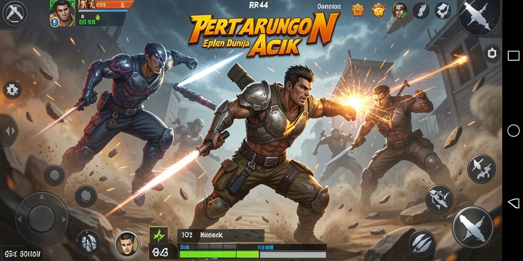 Screenshot gameplay epik dari RR44 yang menunjukkan pertarungan intens.