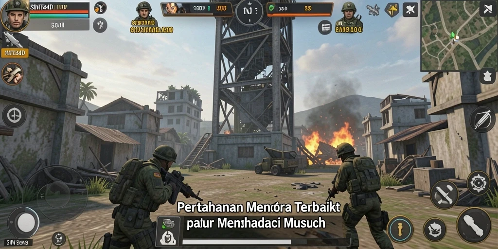 Screenshot gameplay SINTE4D menampilkan aksi menara pertahanan yang mendebarkan.